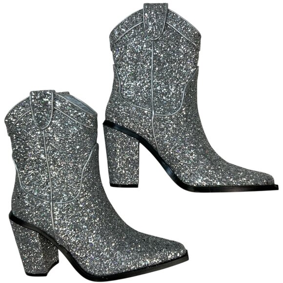 Dolls Kill Trickz N' Treatz Glitter Diva Deputy Cowboy Boots 9 Silver Cowgirl - Picture 10 of 15